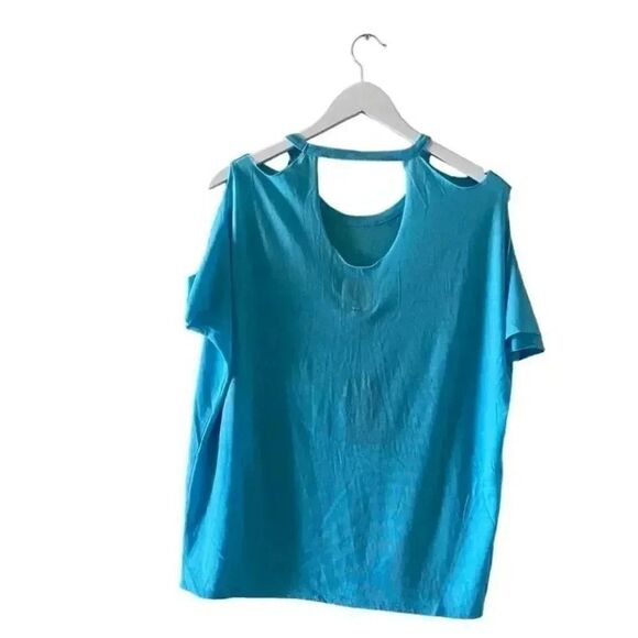 Chaser REVOLVE Turquise Deconstructed shoulder Cut Out Short Sleeves Top SZ M - Picture 7 of 8